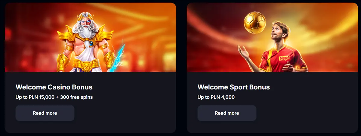 Online casino welcome offers including casino bonus up to PLN 15,000 with 300 free spins and sport bonus up to PLN 4,000
